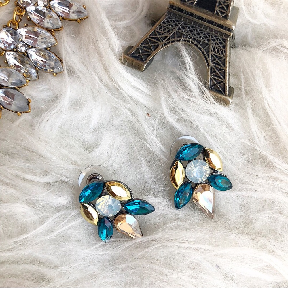 Statement rhinestone stud earrings blue and gold